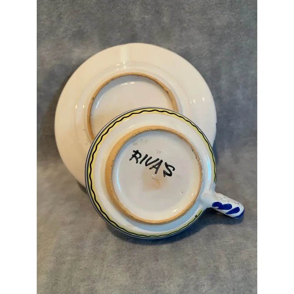 Hand Painted Cup and Saucer Spanish Blue White Rivas on‎ Bottom Spain